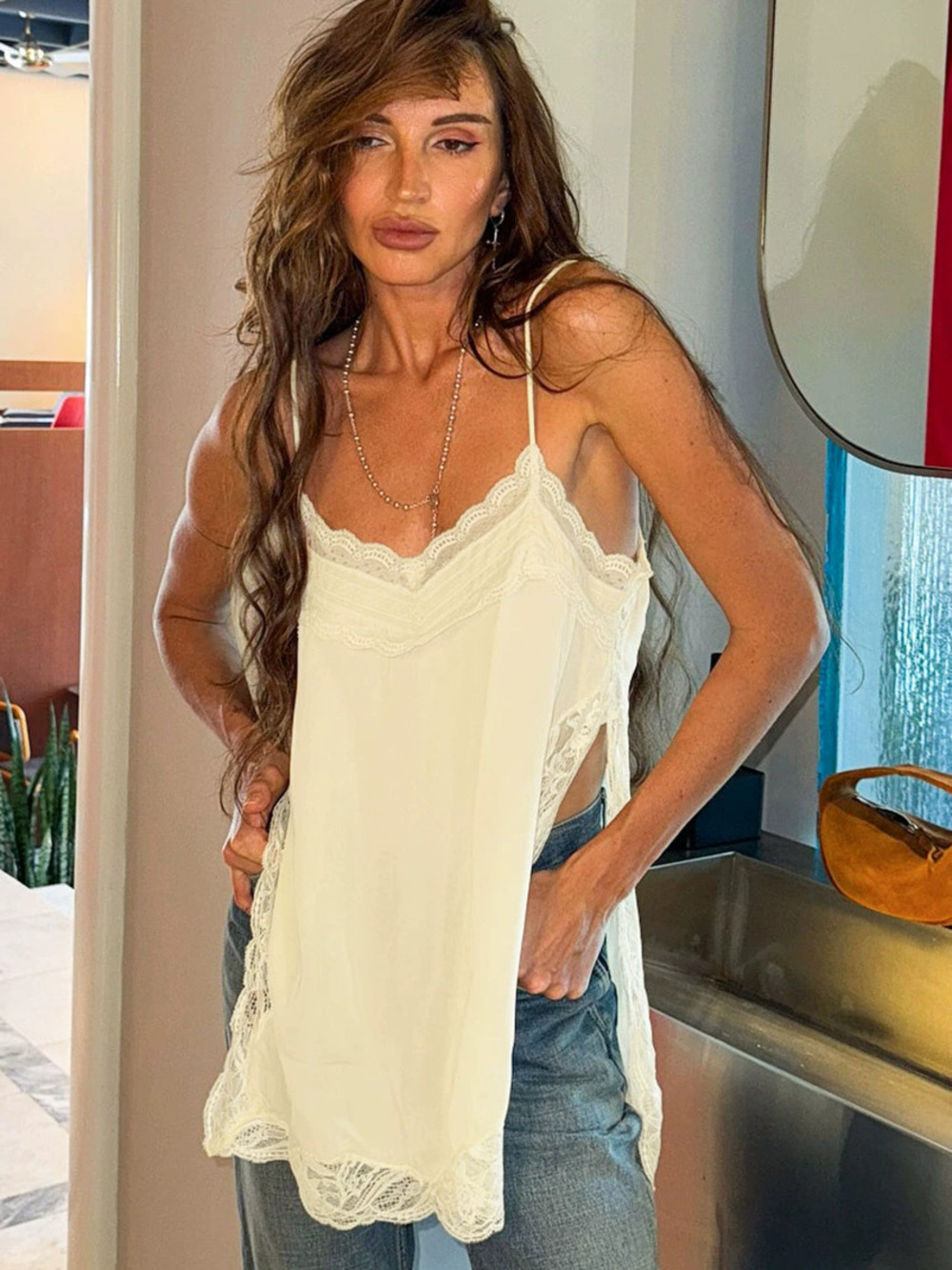 ZARA Spring Summer Lace Slit Short Camisole Top Elegant Commuter Style
